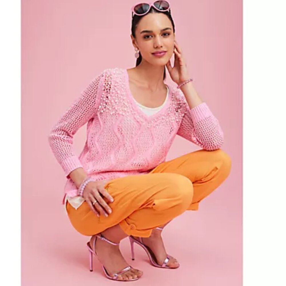 Isaac Mizrahi Wavy Mesh and Charmeuse Twofer Sweater Pink Peony XL